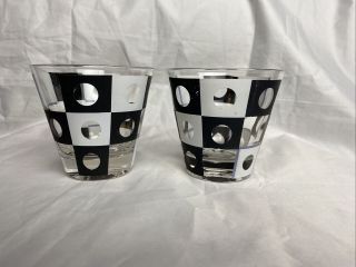 Vintage Mid Century “rocks” Glasses Black & White Circles/squares.  Very Cool