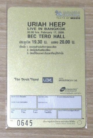 Uriah Heep Live in Bangkok 2005 Thailand Tour Concert Plastic Ticket Card 2