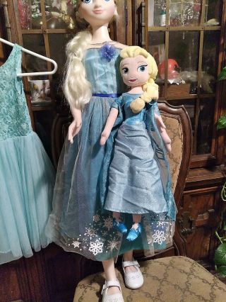 Disney Frozen My Size Elsa Doll,  girls dress size 6 AND Disney Store Elsa plush 3