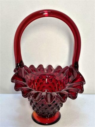 Vintage Ruby Red Hobnail Glass Basket With Crimped Edge And Applied Handle 6.  25 "