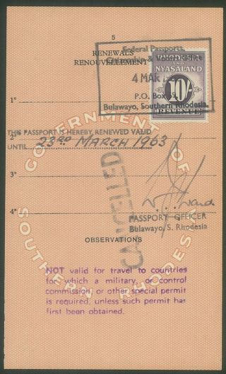 Rhodesia & Nyasaland - 1956 10/ - Revenue Stamp On Passport Page (es801)