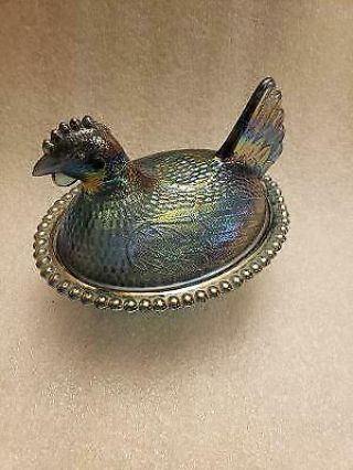 Vintage Indiana Carnival Glass Blue Iridescent Chicken On Nest Covered Dish L@@k