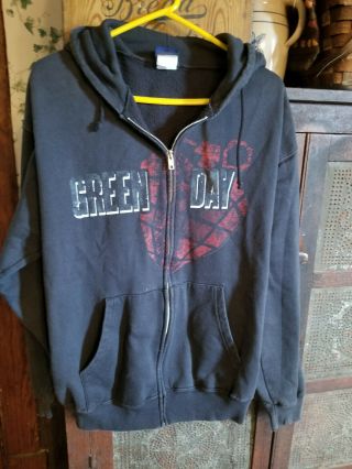 Green Day Rock Band Black Full Zip Zipper Front Hoodie Sweatshirt Size Large