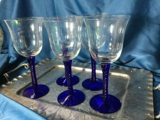 Cobalt Blue/ Twisted Stem Clear Goblet Wine / Water Glasses - Set Of 5