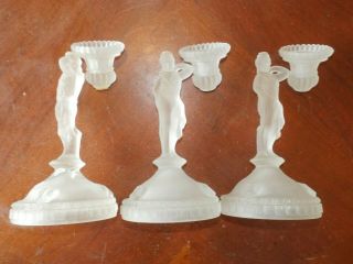 Set 3 Antique French Baccarat Frosted Glass Figural Candlestick Candle Holders