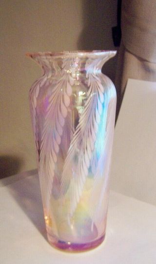 Vintage Art Glass Vase Iridescent Pink With White Fern Pattern