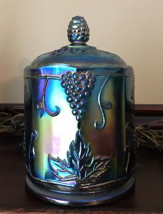 Vintage Carnival Glass Iridescent Blue Green Harvest Grape Jar Canister With Lid