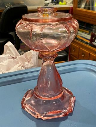 Vintage Pink Depression Glass Oil Lamp Base Beaded Heart L@@k
