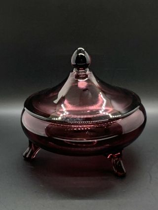 Cambridge Glass Mulberry Amethyst Three Footed Covered Candy Box Dish Bowl
