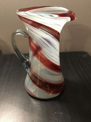 Vtg Hand Blown Glass Pitcher Red And White Swirl Christmas Candycane Art Glass