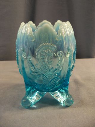 Vintage Northwood Inverted Fan & Feather Blue Opalescent Glass Rose Bowl Vase
