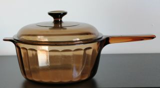 Vintage Corning Vision Ware Amber Glass 2.  5 L Pot Sauce Pan W/ Pyrex Lid