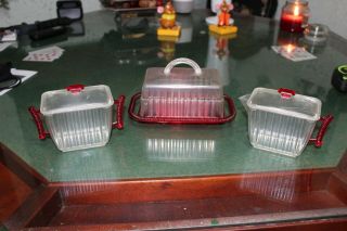 Vintage Med Century Red And Clear Plastic Covered Butter Dish & Cream & Sugar
