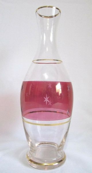 Vintage Cranberry Ruby Pink Glass Vase Etched Stars Gold Bands 10.  75 " Tall