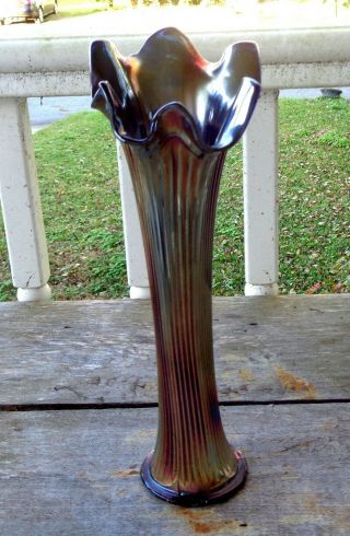 Antique Fenton Fine Rib Cobalt Blue 10 " Carnival Glass Vase