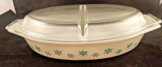 Vintage Pyrex Glass Turquoise Blue Snowflake 1.  5 Qt Divided Covered Casserole