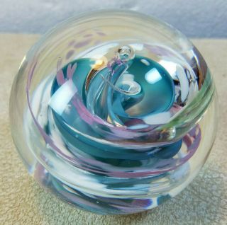 Vintage Pink White Blue Controlled Bubble Swirl Glass Paperweight 3 " Diameter
