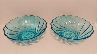 Two Vintage Hazel Atlas Glass 9 - Inch Swirl Capri Bowls Turquoise/blue Hazelware