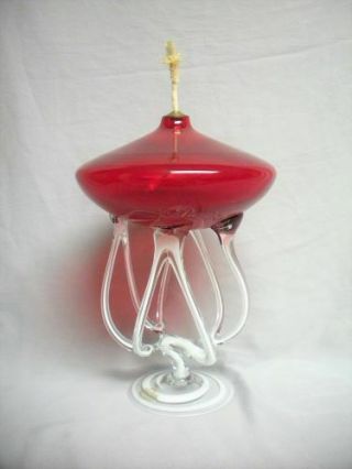 Jozefina Krosno Art Glass Oil Lamp Jellyfish Base Ruby Red 10 ½” Poland Signed