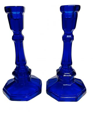 Vintage Cobalt Blue Pressed Glass Candlesticks With Octagonal Bases