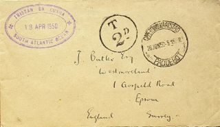 1950 Tristan Da Cunha Paquebot Taxed Cover To England
