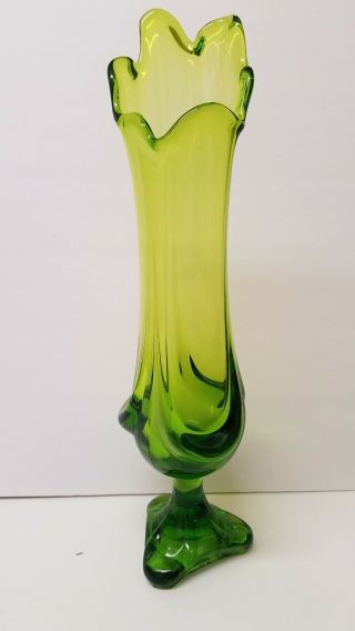 Vintage Viking Tall Footed Green Glass Swung Vase 14.  5 " Mid Century Modern