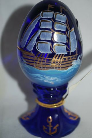 Fenton Glass 4 " Egg Stand Ltd Sailing Ship Boat Cobalt Blue Handpainted 5146 D4