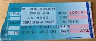 1988 Anthrax Nuclear Assault L’amour Brooklyn Nyc Concert Ticket Stub 1/15/88