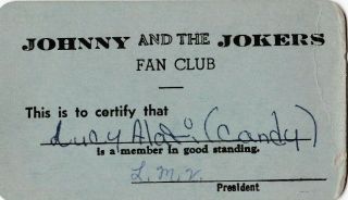 Rare Vintage Johnny And The Jokers Fan Club Card Photo Late 50 