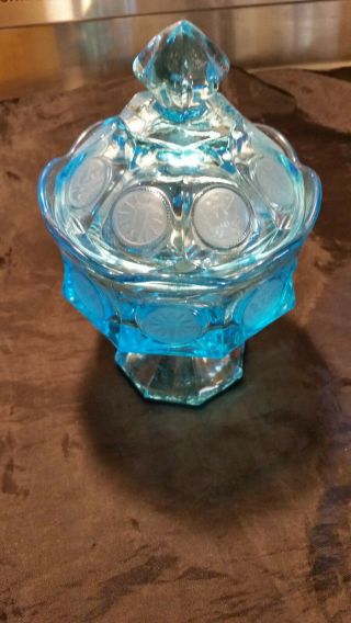 Vintage Fostoria Coin Glass Blue Wedding Bowl/covered Candy Dish