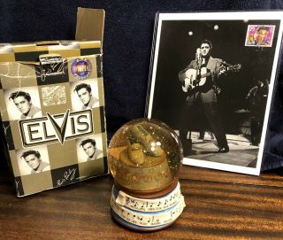 Elvis Presley The King Of Rock - N - Roll Photo Stamp & Blue Suede Shoes Snow Globe