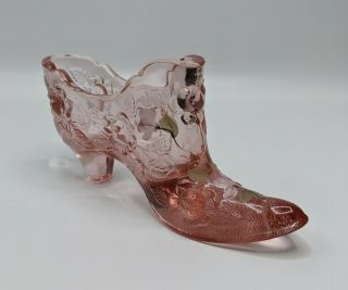 Fenton Pink Glass Shoe Slipper Flower Hand Painted Artist Signed - - D.  Robinson
