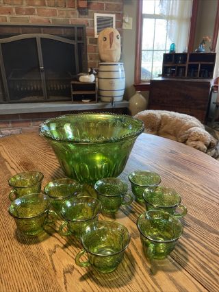 Vintage Indiana Princess Green Carnival Glass Punch Bowl Set Harvest Grape