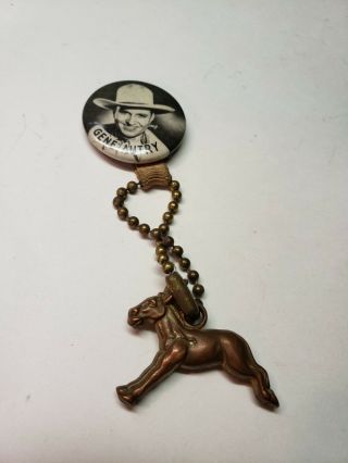 Vintage 1950s Gene Autry Cowboy Pinback Pin With Donkey Keychain