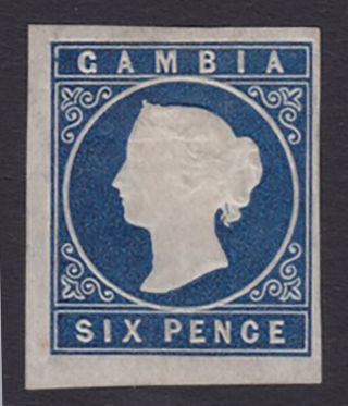 Gambia.  1874.  Sg 7,  6d Deep Blue,  Imperf.  Fine Mounted.  Cat £350.
