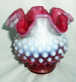 Vintage Fenton Art Glass Cranberry Opalescent Hobnail Ruffled Top Bowl Vase 4 "