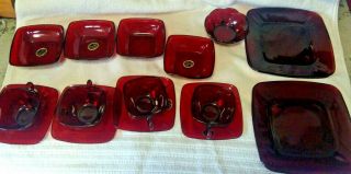 Vtg Anchor Hocking Ruby Red Luncheon Set For 4,  Plates,  Coffee Cups/saucers,  Bowls