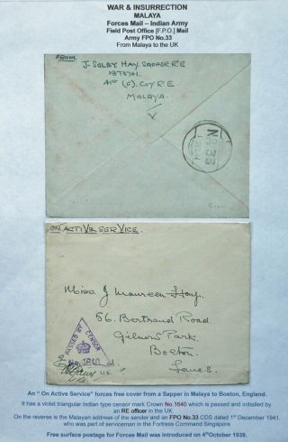 Malaya 1 Dec 1941 Forces Mail Cover From F.  P.  O 33 To Boston,  England - Censored