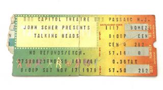 Talking Heads Concert Ticket Stub 1979 Capitol Theatre Jersey