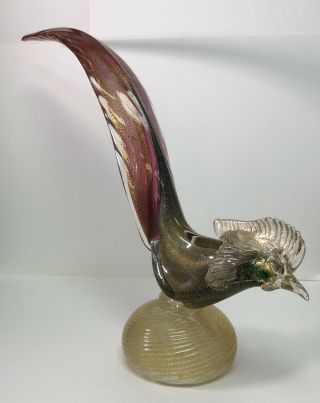 Vintage Murano Italian Glass Large Peacock Gold Flakes 13.  5 " Pink Feather Detail