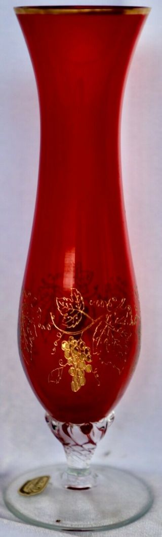 Bohemia Crystal Ruby Red Posy Bud Vase With Gold Pattern/ Rim Clear Base 20cm
