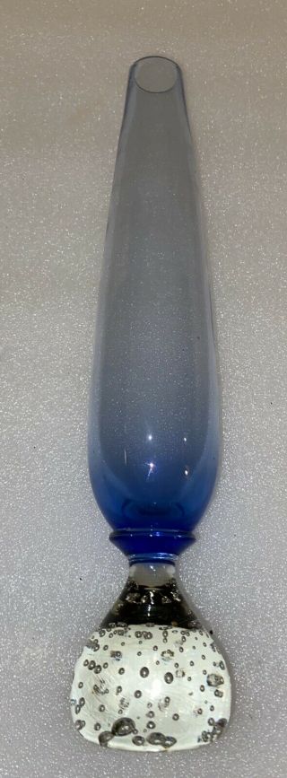 Vintage Blue Glass Hand Blown Clear Controlled Bubble Base Bud Vase