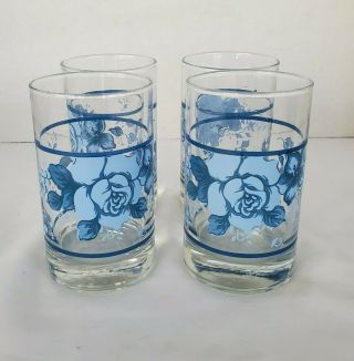 Set Of 4 Corelle Blue Velvet Rose Juice Glasses Floral 4 " Tall
