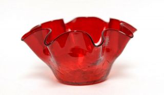 Retro Blenko Mcm Art Glass Ruby Red Crimp Crackle Bowl Item G3744x Ex.  Cond