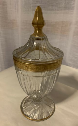 Vtg Tiffin Glass Pedestal Apothecary/candy Jar With Lid & Gold Trim 9 1/2”