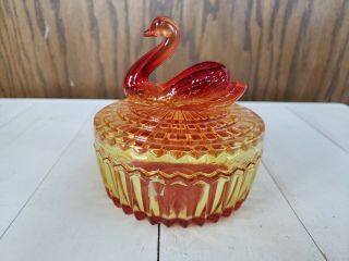 Vtg Amber Marigold Jeanette Glass 5 " Tall Candy Dish Trinket Dish With Swan Lid