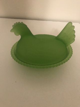 Indiana Frosted Green Glass Hen On Nest Dish