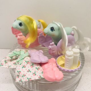 Vintage My Little Pony G1 Jangles And Tangles Newborn Twins With Accessories