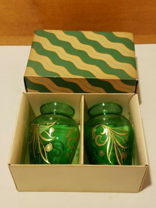 Vintage Anchor Hocking Forest Green Vases Gold Scrolls In The Box