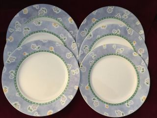 Set of 6 Corelle BLUEFIELD Dinner Plates 10 3/4” Blue Rim Yellow Flower 3